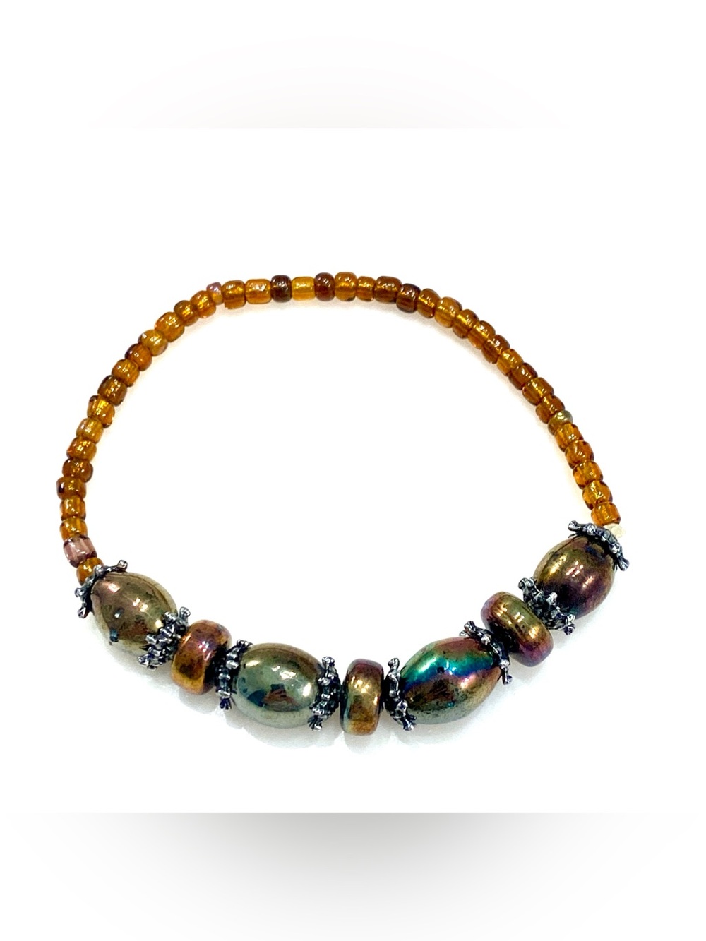 Vintage Amber Seed Bead Iridescent Oil Slick Art Glass Stretch Bracelet NWOT